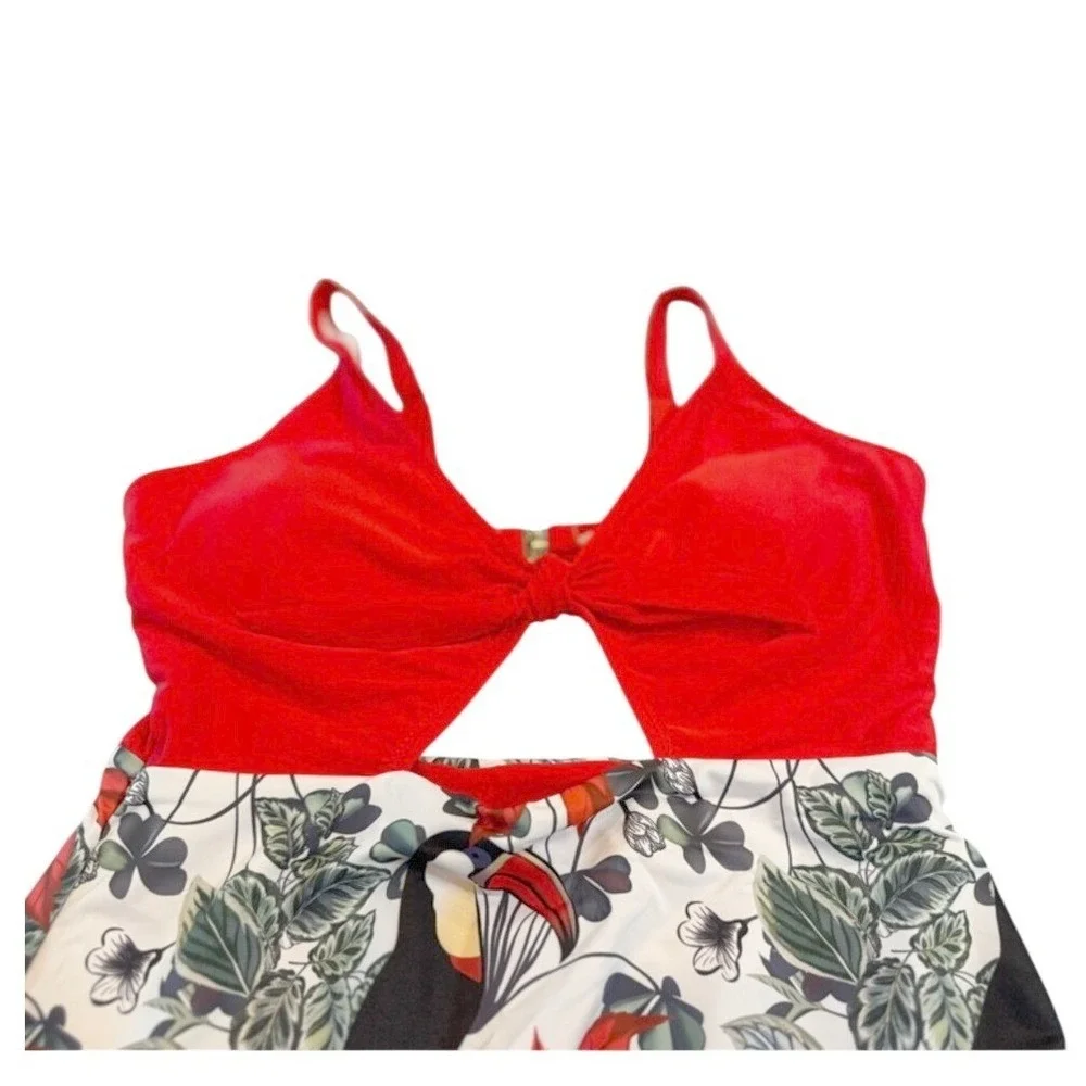Red Tropical One-Piece Swimsuit with‎ Toucan Print
